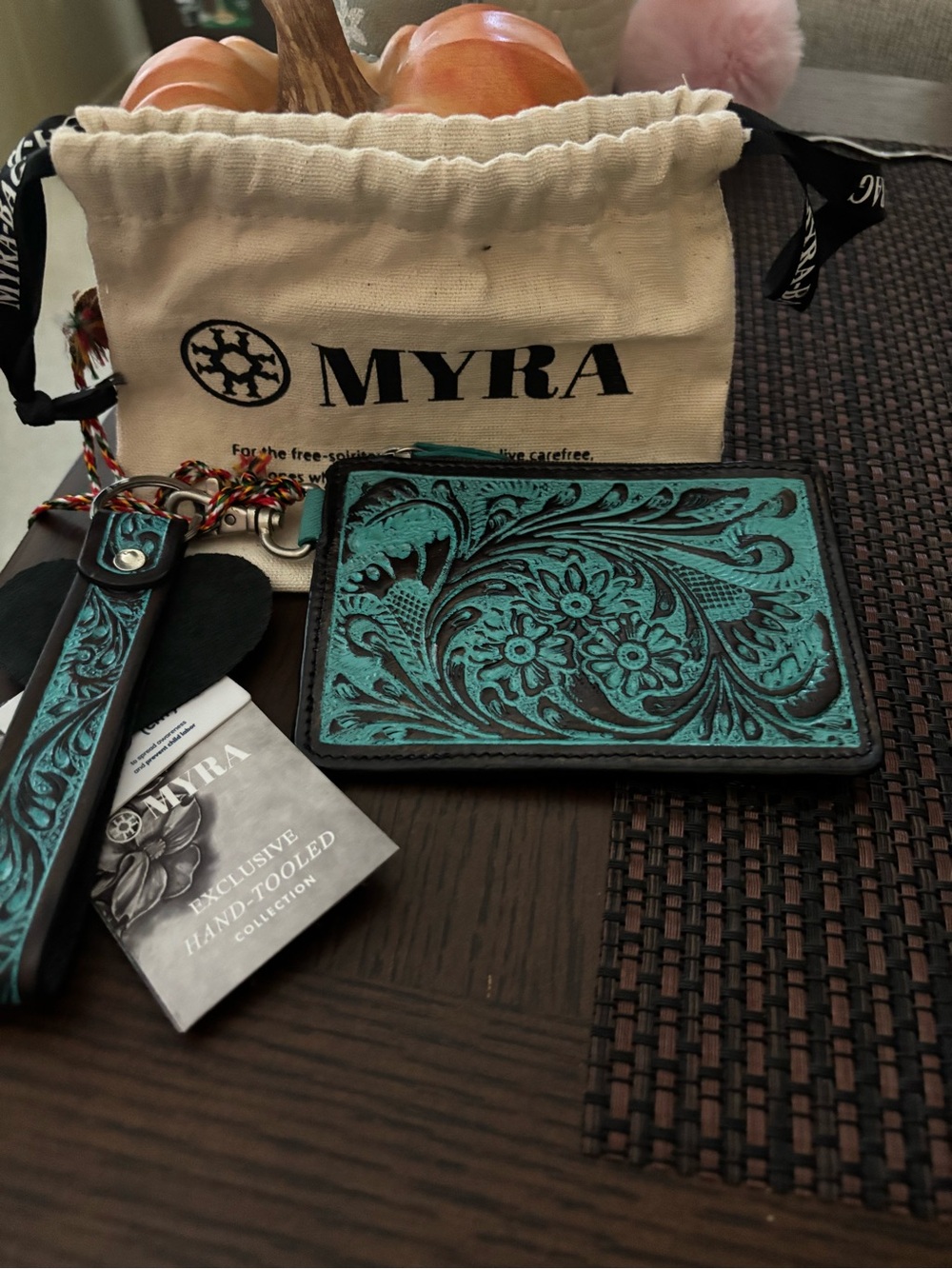 Myra Bag Teal and Black Hand-Tooled Leather Card Holder with Key Fob
